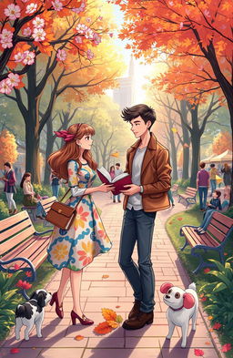 A vibrant and whimsical scene depicting a charming meet-cute between two strangers in a bustling city park filled with blooming flowers and autumn leaves