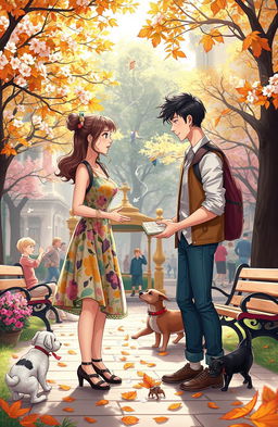 A vibrant and whimsical scene depicting a charming meet-cute between two strangers in a bustling city park filled with blooming flowers and autumn leaves