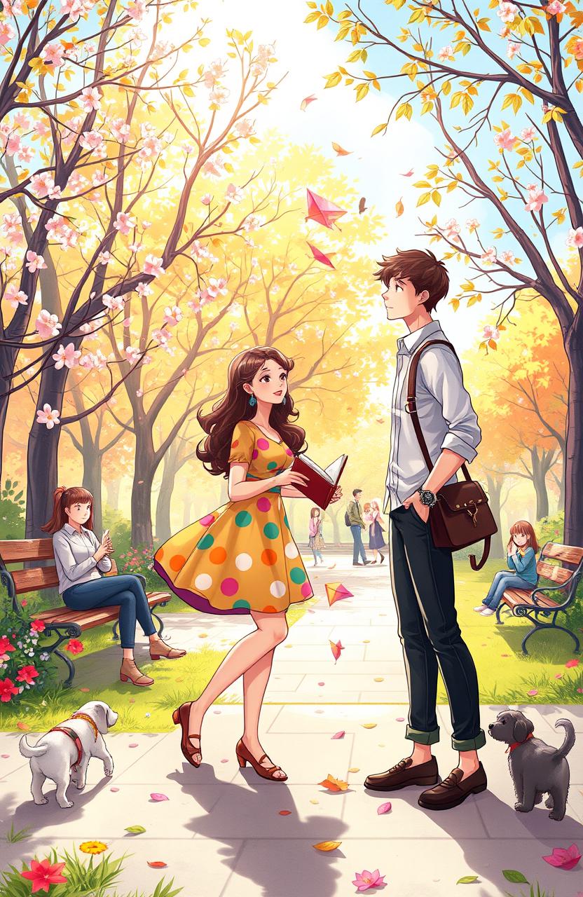 A vibrant and whimsical scene depicting a charming meet-cute between two strangers in a bustling city park filled with blooming flowers and autumn leaves