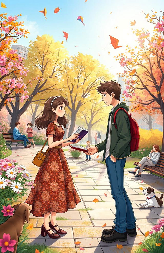 A vibrant and whimsical scene depicting a charming meet-cute between two strangers in a bustling city park filled with blooming flowers and autumn leaves