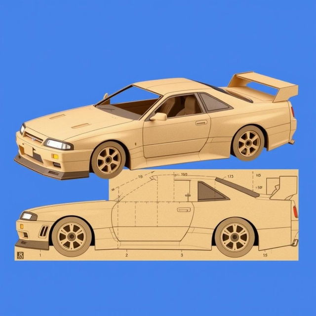 Cardboard model plans for a Nissan GT-R R34, featuring detailed designs for a precise 20cm long replica