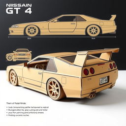 Cardboard model plans for a Nissan GT-R R34, featuring detailed designs for a precise 20cm long replica