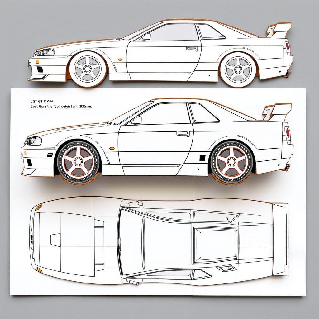 Cardboard model plans for a Nissan GT-R R34, featuring detailed designs for a precise 20cm long replica