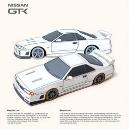Cardboard model plans for a Nissan GT-R R34, featuring detailed designs for a precise 20cm long replica