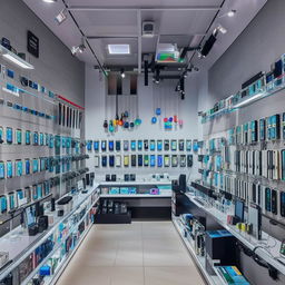 Inside view of a vibrant and well-organized phone accessories store, filled with diverse selection of phone cases, chargers, and earphones.