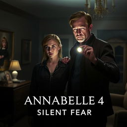 A chilling movie trailer scene for 'Annabelle 4: Silent Fear' featuring Vera Farmiga and Patrick Wilson