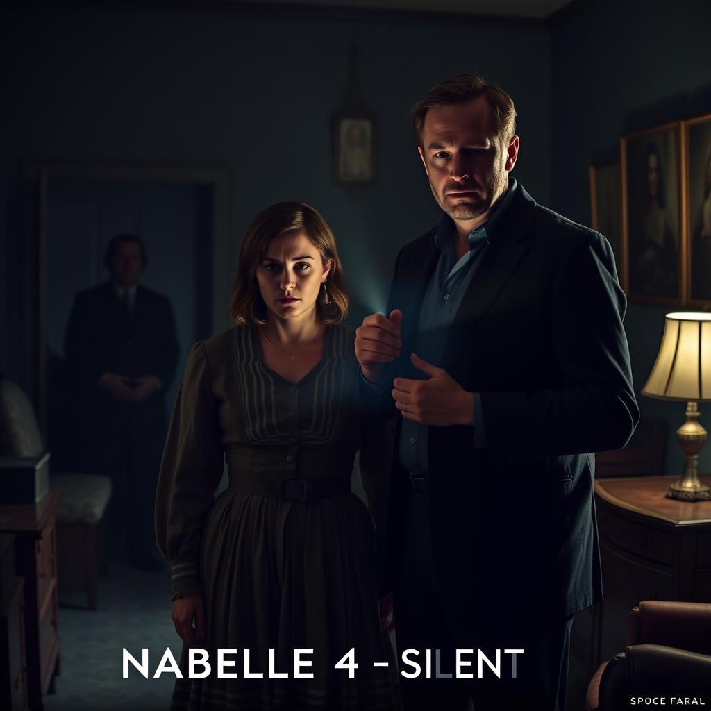 A chilling movie trailer scene for 'Annabelle 4: Silent Fear' featuring Vera Farmiga and Patrick Wilson