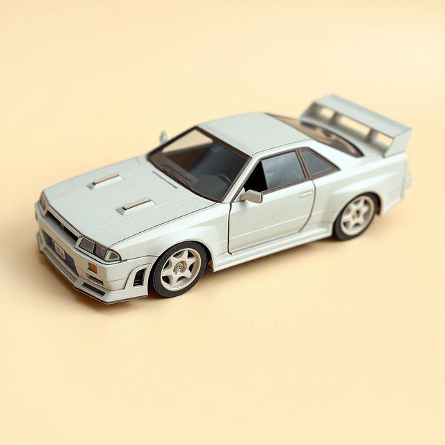 Detailed construction plans for a scale model of a Nissan GT-R R34, made out of cardboard, measuring approximately 20 cm in length