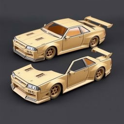 Detailed construction plans for a scale model of a Nissan GT-R R34, made out of cardboard, measuring approximately 20 cm in length