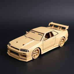 Detailed construction plans for a scale model of a Nissan GT-R R34, made out of cardboard, measuring approximately 20 cm in length