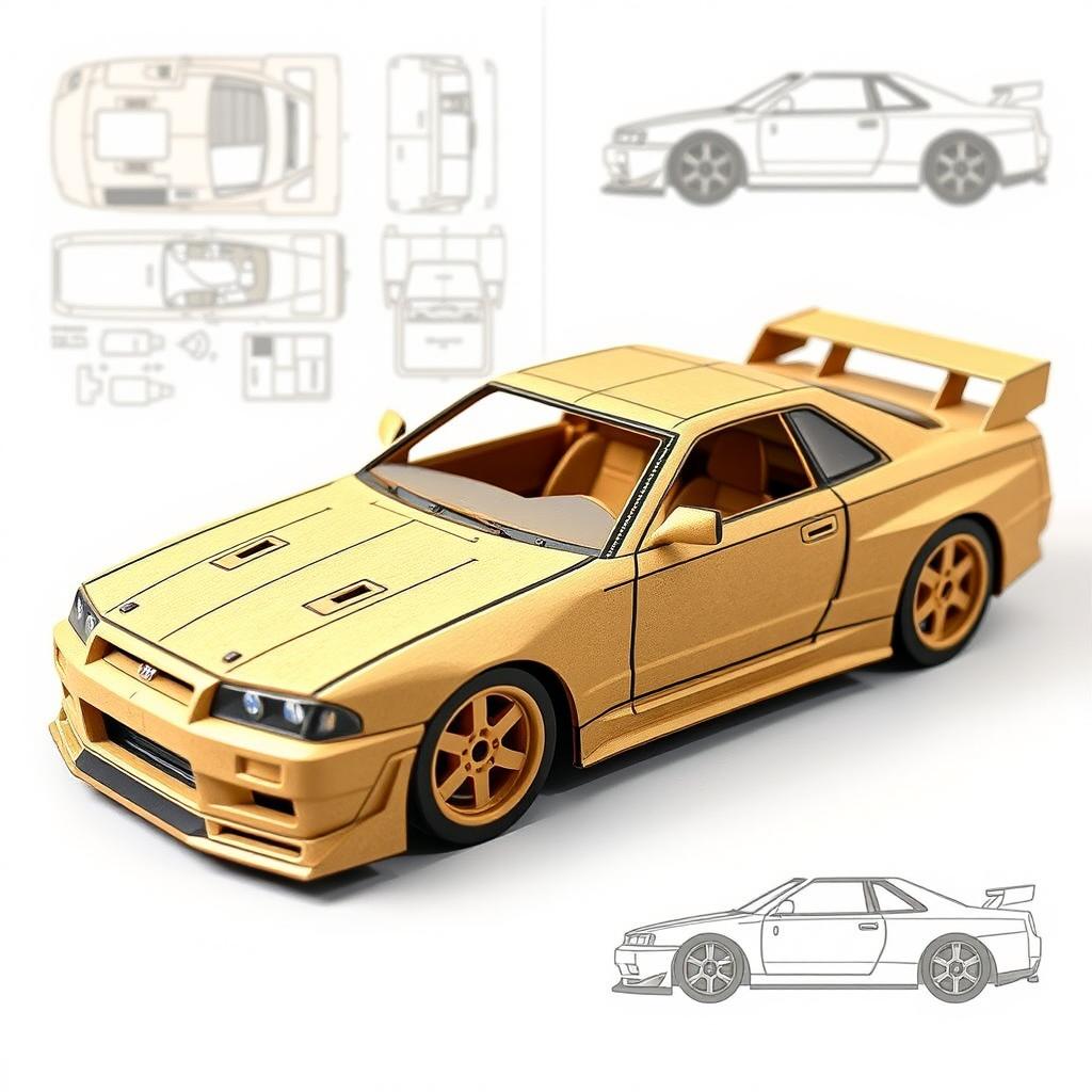 Detailed construction plans for a scale model of a Nissan GT-R R34, made out of cardboard, measuring approximately 20 cm in length