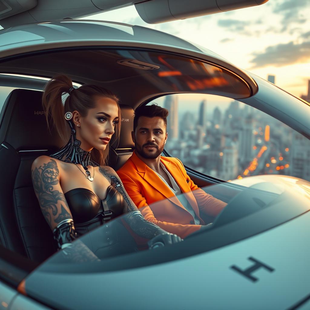 An engaging scene featuring a half cyborg woman with distinctive fading tattoos on her partially robotic skin, seated in a large, futuristic flying car