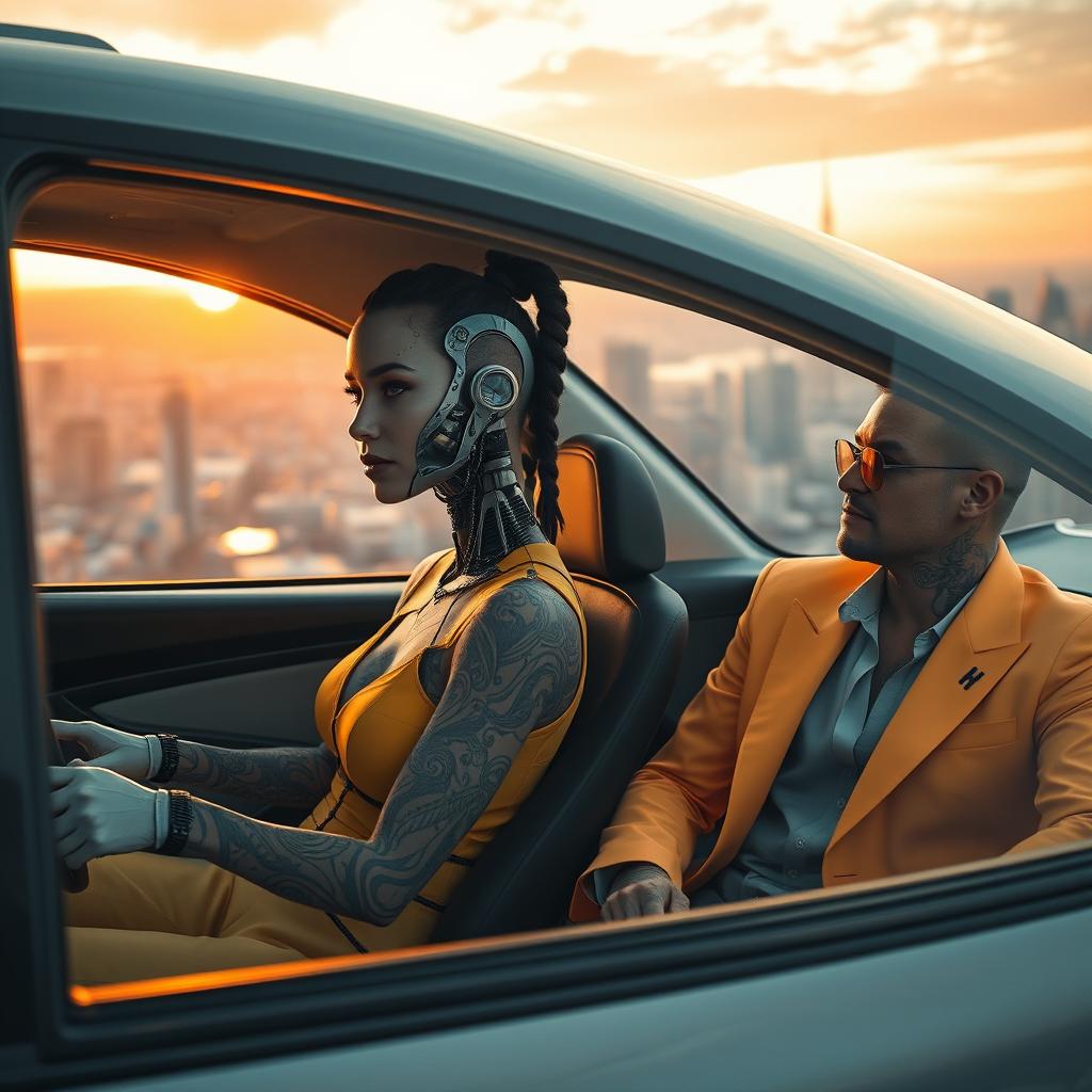 An engaging scene featuring a half cyborg woman with intricate fading tattoos adorning her robotic features, seated inside a spacious, futuristic flying car that lacks physical controls, indicating its automated nature