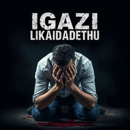 A dramatic scene featuring a man kneeling down with a pained expression, his hands stained with a lot of blood, symbolizing a sense of anguish or remorse