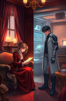 A romantic and historical scene depicting two characters exchanging love letters across different eras