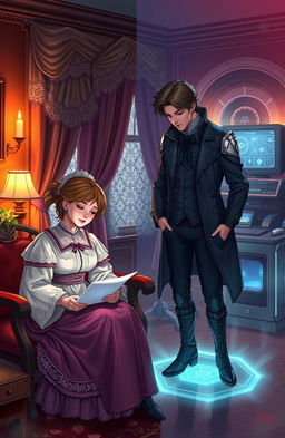 A romantic and historical scene depicting two characters exchanging love letters across different eras