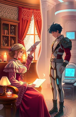 A romantic and historical scene depicting two characters exchanging love letters across different eras