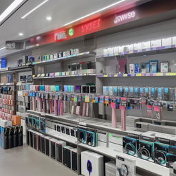 Inside view of a vibrant and well-organized phone accessories store, filled with diverse selection of phone cases, chargers, and earphones.