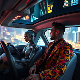 An engaging scene showcasing a half cyborg woman, featuring intricate fading tattoos on her robotic skin, seated inside a spacious, futuristic automated flying car that has no steering wheel or visible controls