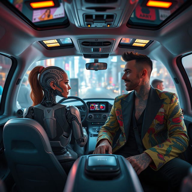 An engaging scene showcasing a half cyborg woman, featuring intricate fading tattoos on her robotic skin, seated inside a spacious, futuristic automated flying car that has no steering wheel or visible controls