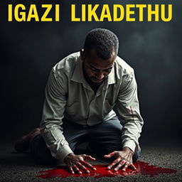 An intense and emotional scene depicting a man kneeling on the ground, his hands covered with a significant amount of blood, illustrating a moment of despair or guilt