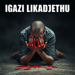 An intense and emotional scene depicting a man kneeling on the ground, his hands covered with a significant amount of blood, illustrating a moment of despair or guilt