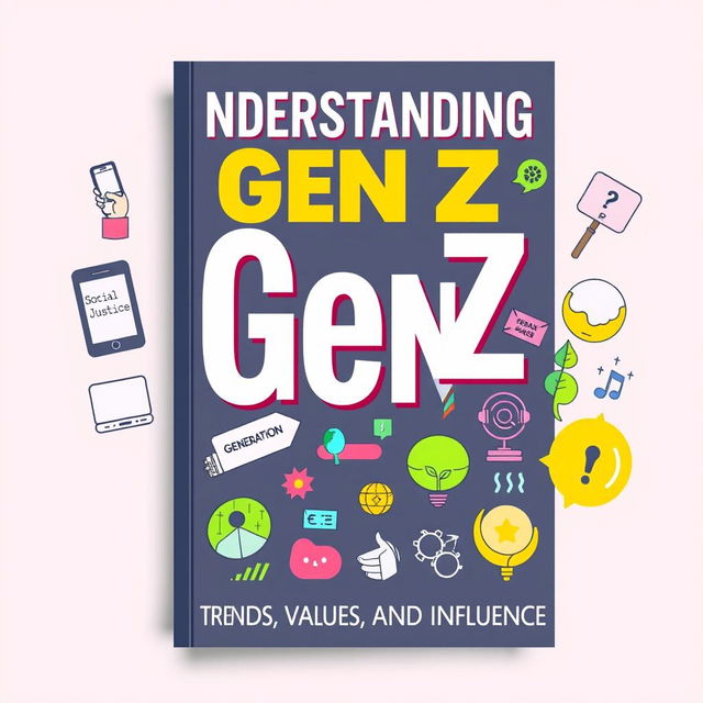 An informative cover design highlighting key aspects of Generation Z, featuring engaging illustrations and graphics