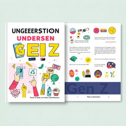 An informative cover design highlighting key aspects of Generation Z, featuring engaging illustrations and graphics