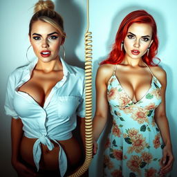 A split-screen image featuring two stunning women each captured in a torso close-up