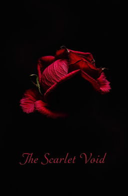 A dark and moody composition featuring a dying thorned rose, its petals a deep crimson that hints at blood, set against a backdrop of black and dark red hues