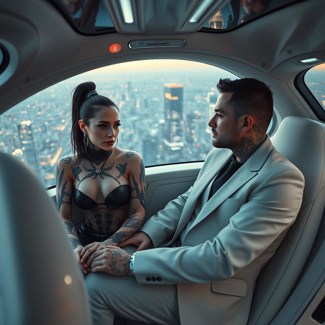 A striking scene featuring a half cyborg woman adorned with fading tattoos seated inside an automated flying car