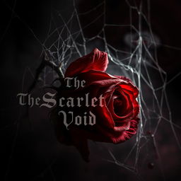 A dark and atmospheric composition featuring a dying thorned rose, its petals a deep crimson that resembles blood, set against a backdrop of black and dark red hues