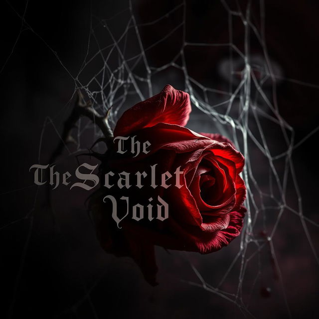 A dark and atmospheric composition featuring a dying thorned rose, its petals a deep crimson that resembles blood, set against a backdrop of black and dark red hues