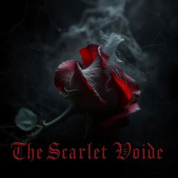A dark and atmospheric composition featuring a dying thorned rose, its petals a deep crimson that resembles blood, set against a backdrop of black and dark red hues