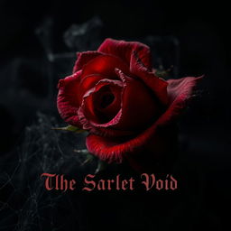 A dark and atmospheric composition featuring a dying thorned rose, its petals a deep crimson that resembles blood, set against a backdrop of black and dark red hues