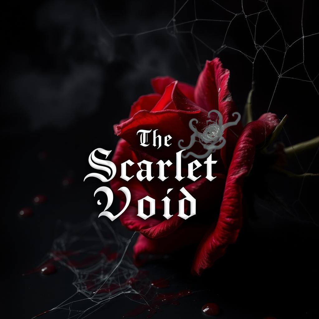 A dark and atmospheric composition featuring a dying thorned rose, its petals a deep crimson that resembles blood, set against a backdrop of black and dark red hues