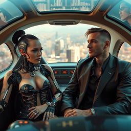 A futuristic scene inside an automated flying car featuring a cyborg woman with fading tattoos, her intricate robotic components partially exposed