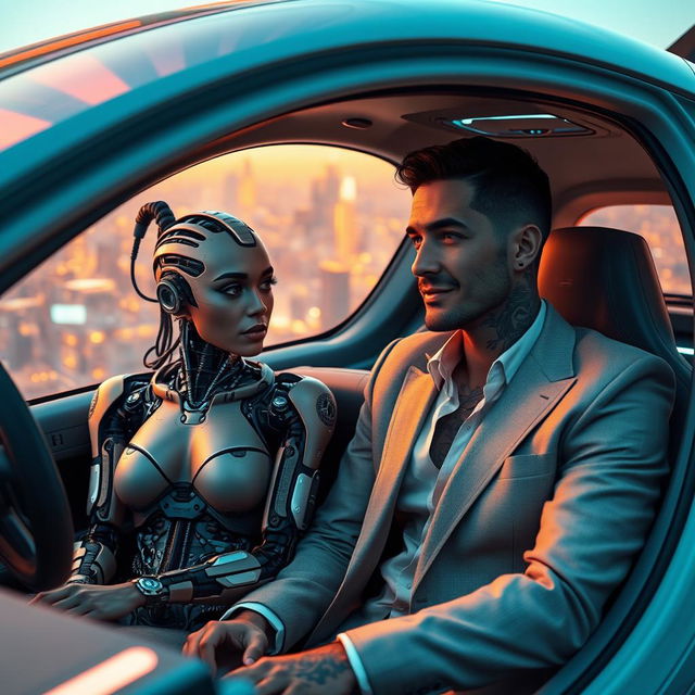 A futuristic scene inside an automated flying car featuring a cyborg woman with fading tattoos, her intricate robotic components partially exposed