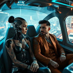 A futuristic scene inside an automated flying car featuring a cyborg woman with fading tattoos, her intricate robotic components partially exposed