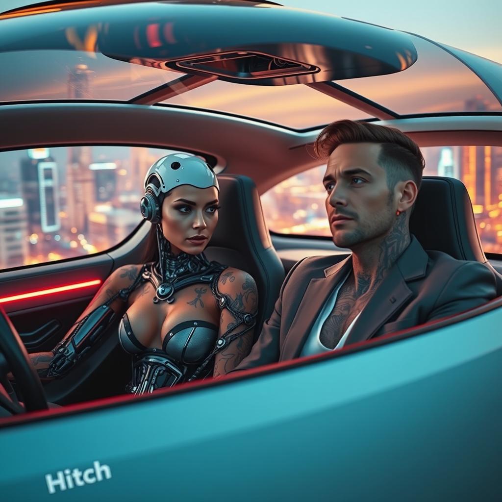 A futuristic scene inside an automated flying car featuring a cyborg woman with fading tattoos, her intricate robotic components partially exposed