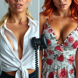 A split-screen image featuring two close-up torso shots of attractive females
