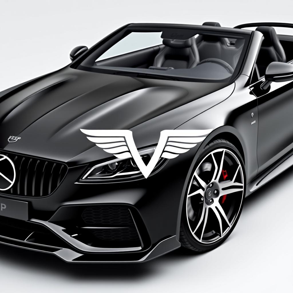 A luxury car with a glossy black finish and stunning chrome accents, showcasing a distinctive front grille featuring the prominent V