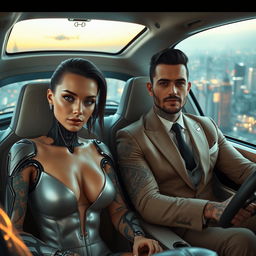 A futuristic scene featuring an android woman with fading tattoos, her sleek robotic features elegantly designed