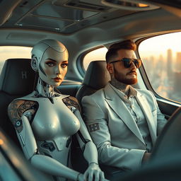 A futuristic scene featuring an android woman with fading tattoos, her sleek robotic features elegantly designed