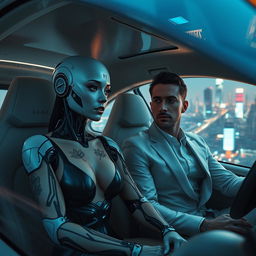 A futuristic scene featuring an android woman with fading tattoos, her sleek robotic features elegantly designed