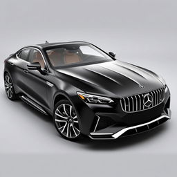 A luxury car with a glossy black finish and striking chrome accents, showcasing a distinctive front grille featuring the prominent V
