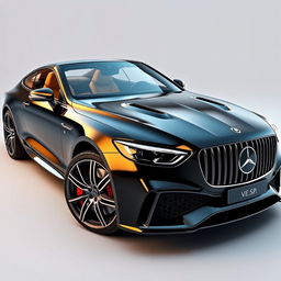 A luxury car with a glossy black finish and striking chrome accents, showcasing a distinctive front grille featuring the prominent V