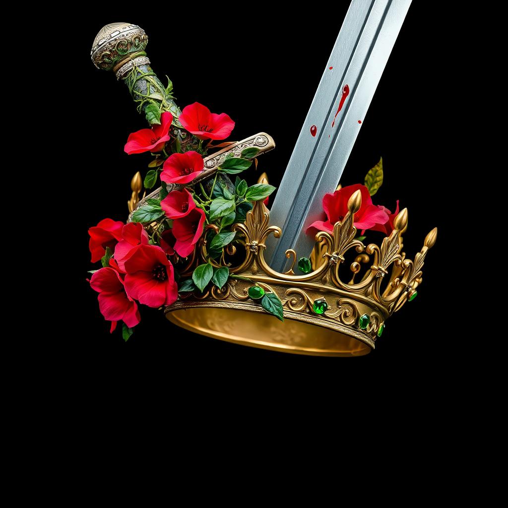 A striking image featuring a silver sword with an intricately designed hilt covered in lush, intertwined vines and vibrant red flowers