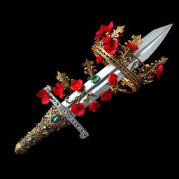 A striking image featuring a silver sword with an intricately designed hilt covered in lush, intertwined vines and vibrant red flowers