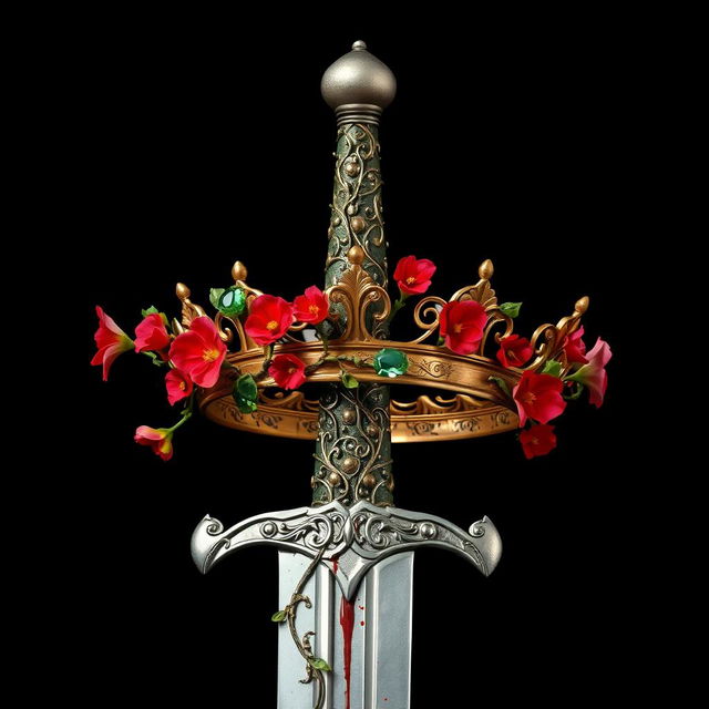 A striking image featuring a silver sword with an intricately designed hilt covered in lush, intertwined vines and vibrant red flowers